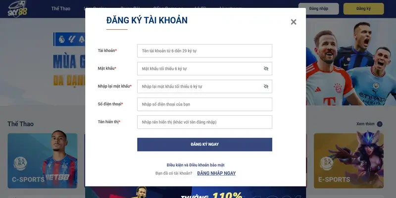 Quy tr&igrave;nh đăng k&yacute; t&agrave;i khoản mới tại Sky88&nbsp;
